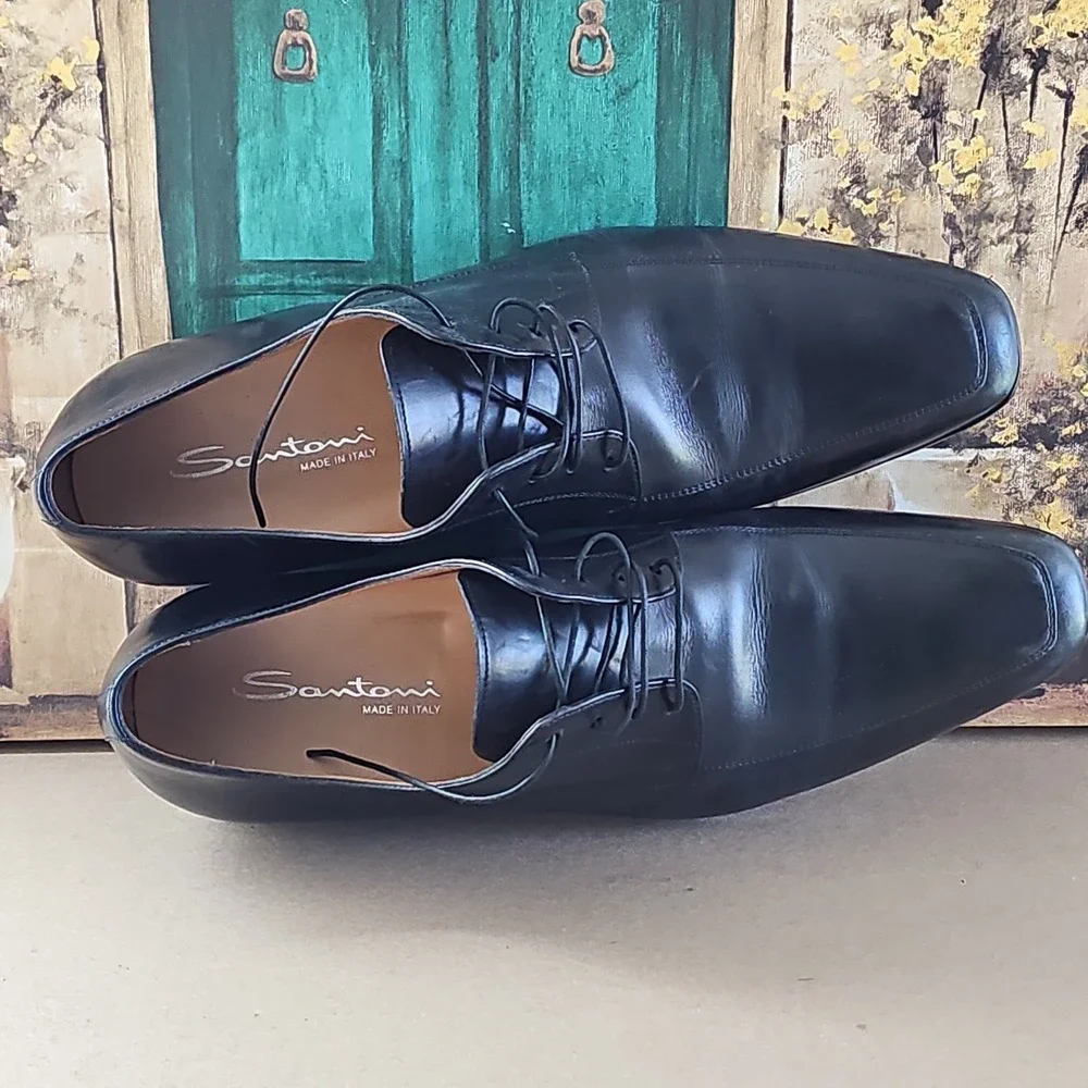 SANTONI Mens 11.5 Black Apron Toe  Dress Derby Oxfords Italy